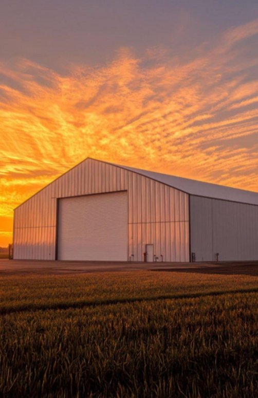 Metal building at sunset